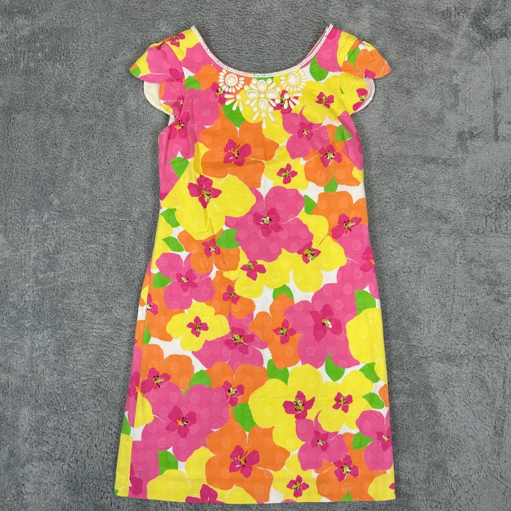 Lilly Pulitzer Pink Orange Floral Embellished Cotton Shift Dress Size 4